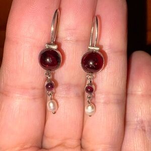 Elegant 925 Silver and Garnet Pearl Dangle Earrings